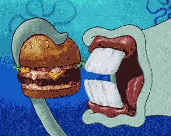 Squidward is forced to eat a Krabby Patty; A large and mean new student joins Mrs. . Squidward bite